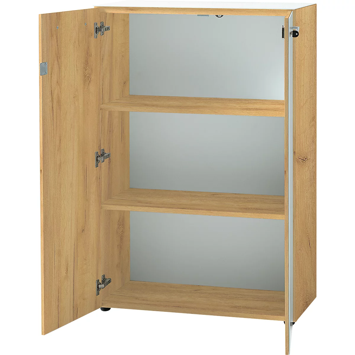 Vijlkast MONTERIA, front &amp; dekplaat glas, afsluitbaar, 3 OH, B 800 x D 370 x H 1200 mm, Navarra eik/wit