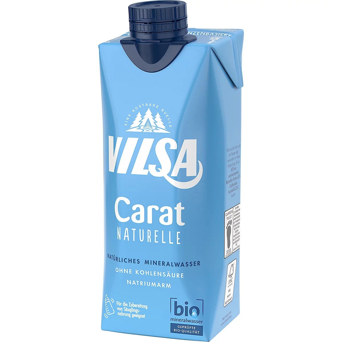 Hellblaue Vilsa Carat Naturelle Mineralwasser-Verpackung mit dunkelblauem Deckel und Bio-Siegel.