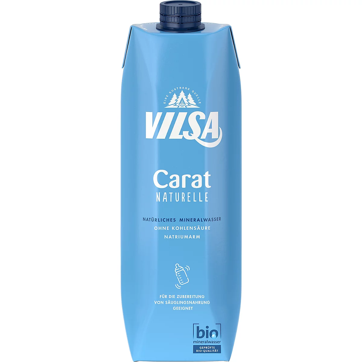 Hellblaue Vilsa Carat Naturelle Mineralwasser-Verpackung aus Pappe mit dunklem Verschluss auf weißem Hintergrund.