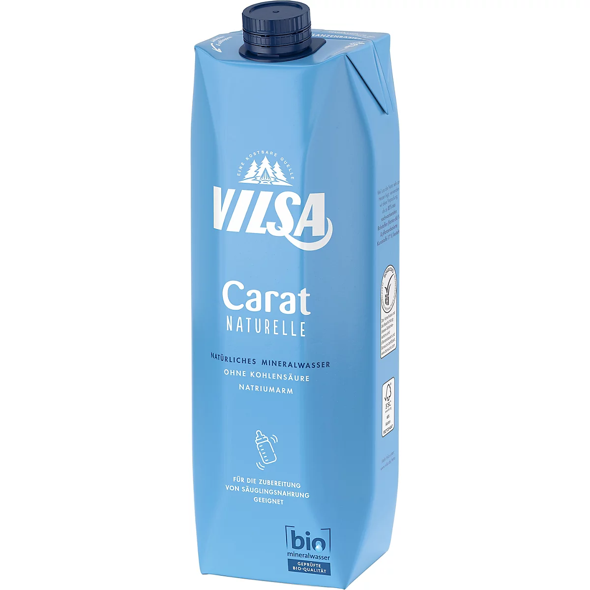 Hellblaue Vilsa Mineralwasser-Kartonpackung mit blauem Verschlussdeckel.
