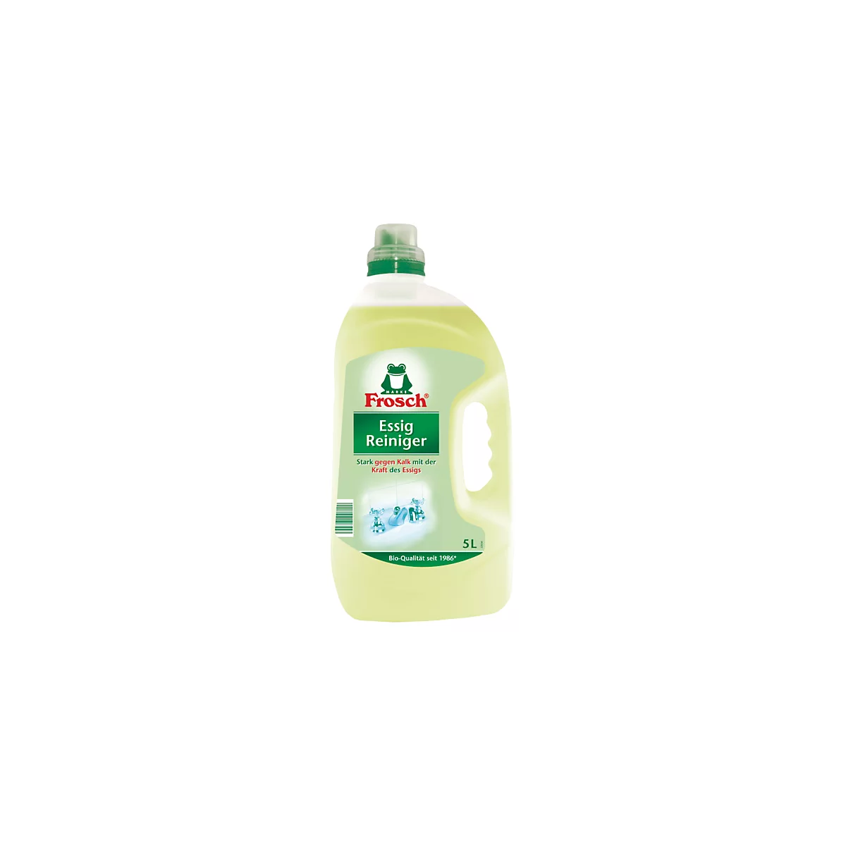 Bottle of Frosch vinegar cleaner, green-white label, Frosch logo. Inscription: Essig Reiniger, 5L. Bio-quality.