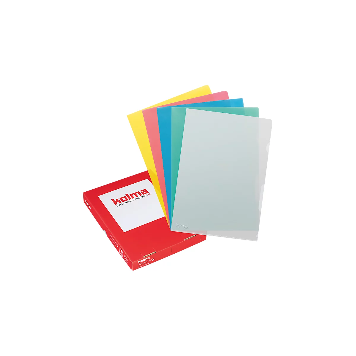 Folders in various colors next to a red box. The box has the imprint "kolma SWISS OFFICE PRODUCTS".