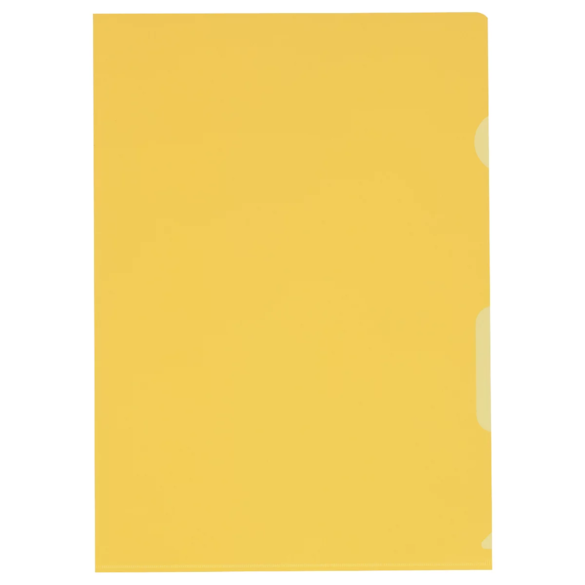 Yellow folder, front view. On the right side with transparent, crescent-shaped cutouts.