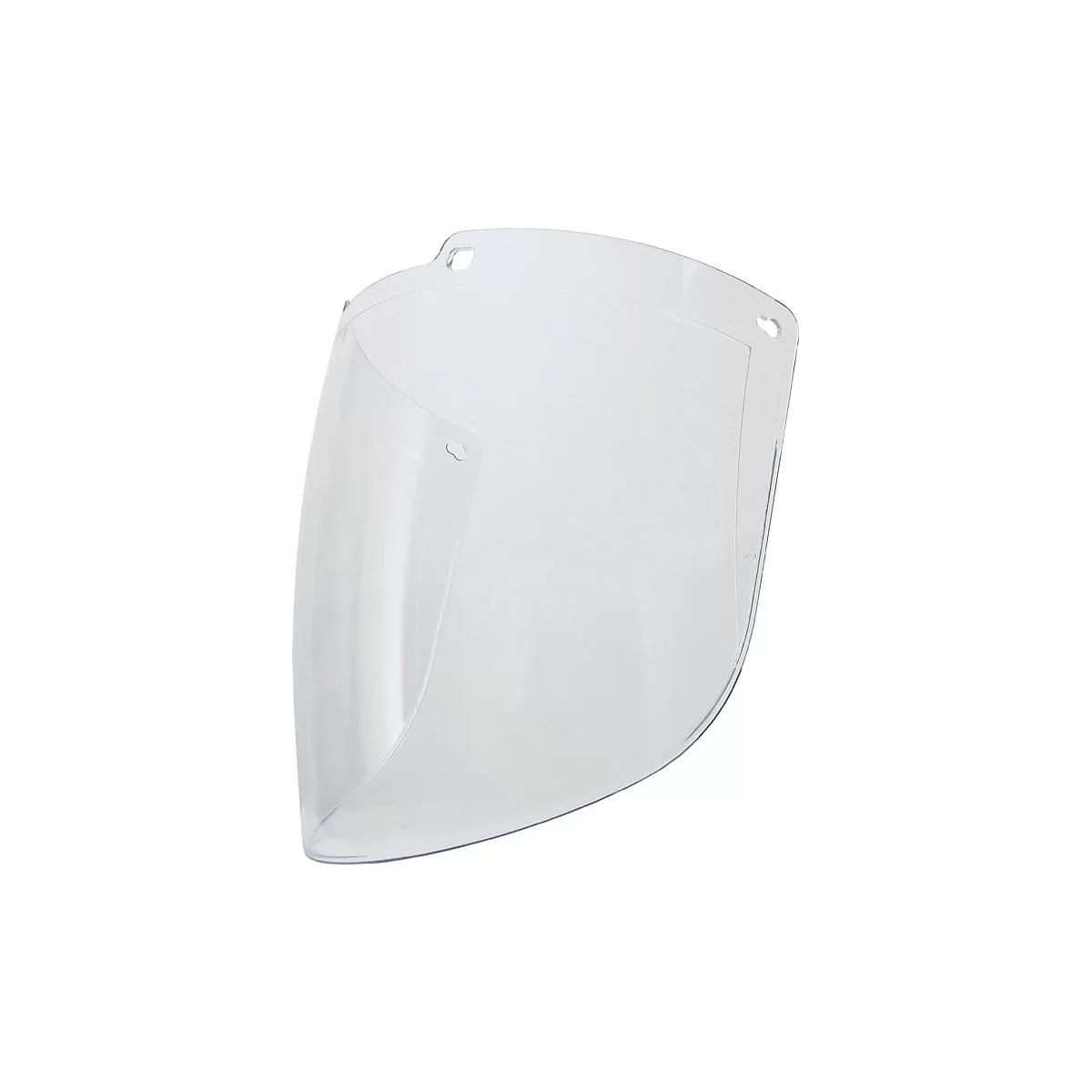 Visière de protection transparente avec des bords arrondis et deux trous en haut.