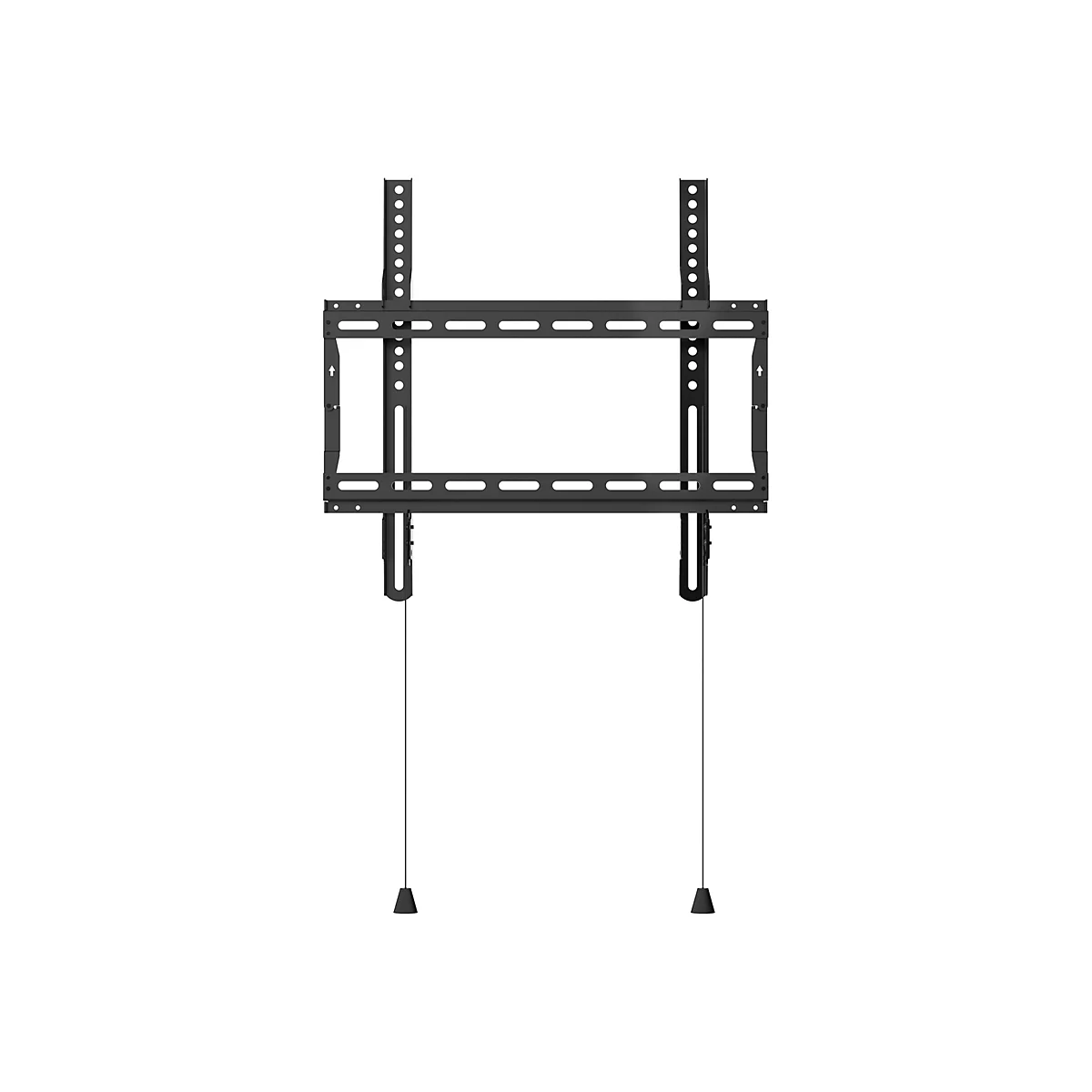 Schwarze TV-Wandhalterung, Frontansicht, auf weißem Hintergrund. Mit Löchern und Aussparungen zum Aufhängen.