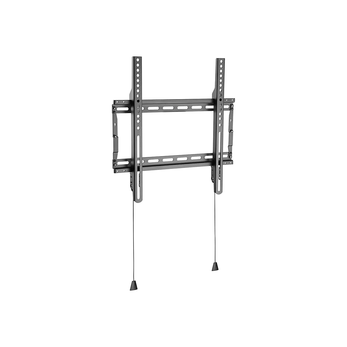 Schwarze TV-Halterung, freigestellt vor weißem Hintergrund. Die Halterung hat vertikale und horizontale Elemente mit verschiedenen Löchern und Verstellmöglichkeiten.