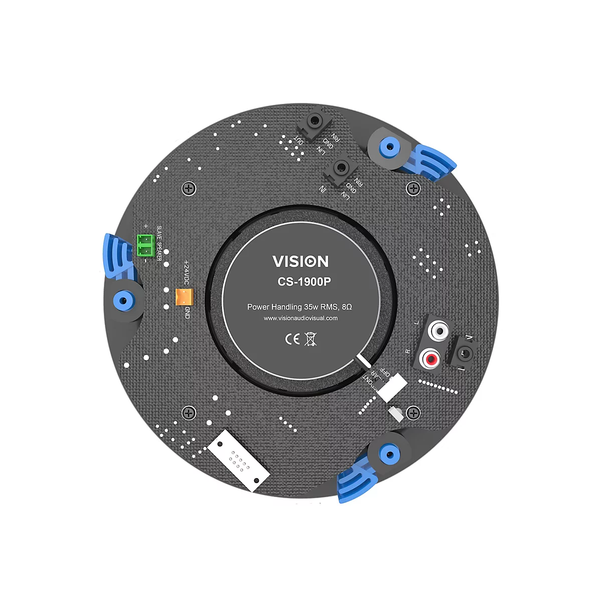 RÃ¼ckansicht eines schwarzen Vision CS-1900P Lautsprechers. Aufgedruckter Text: VISION CS-1900P, Power Handling 30w RMS. 8Î©, CE-Zeichen.