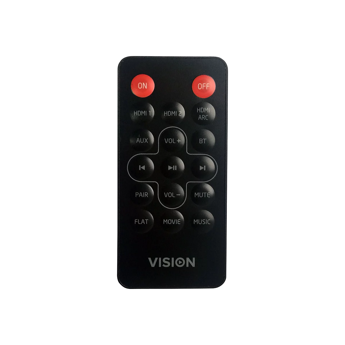 Schwarze Fernbedienung, rote Ein-/Aus-Tasten, viele Knöpfe mit Funktionen wie HDMI, Lautstärke, Musik. Aufschrift: VISION.