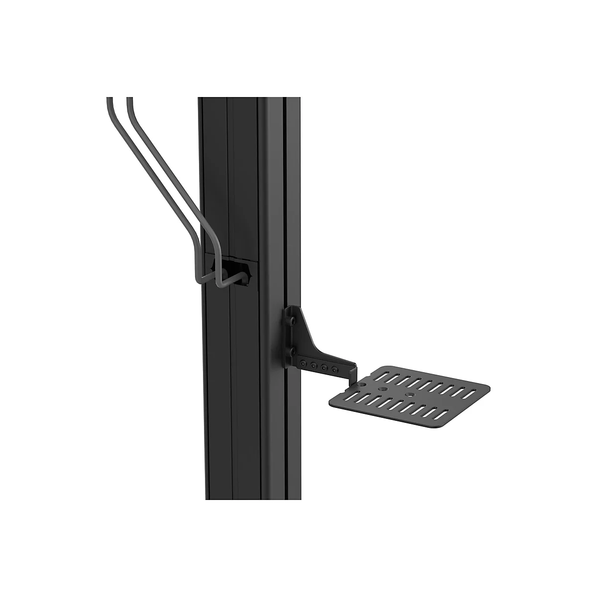 Detailaufnahme einer schwarzen Säule mit einer kleinen Ablage. Oben befinden sich zwei gebogene Halterungen.