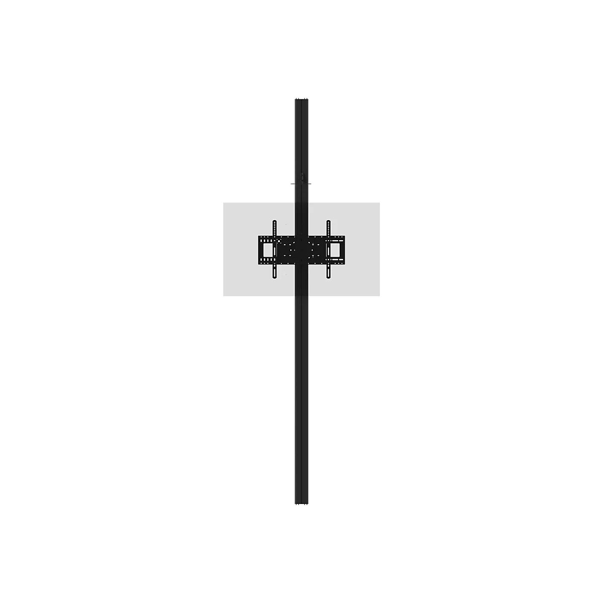 Eine schwarze TV-Halterung, bestehend aus einer Säule und einer Halterung für den Fernseher, auf einem hellgrauen Hintergrund.