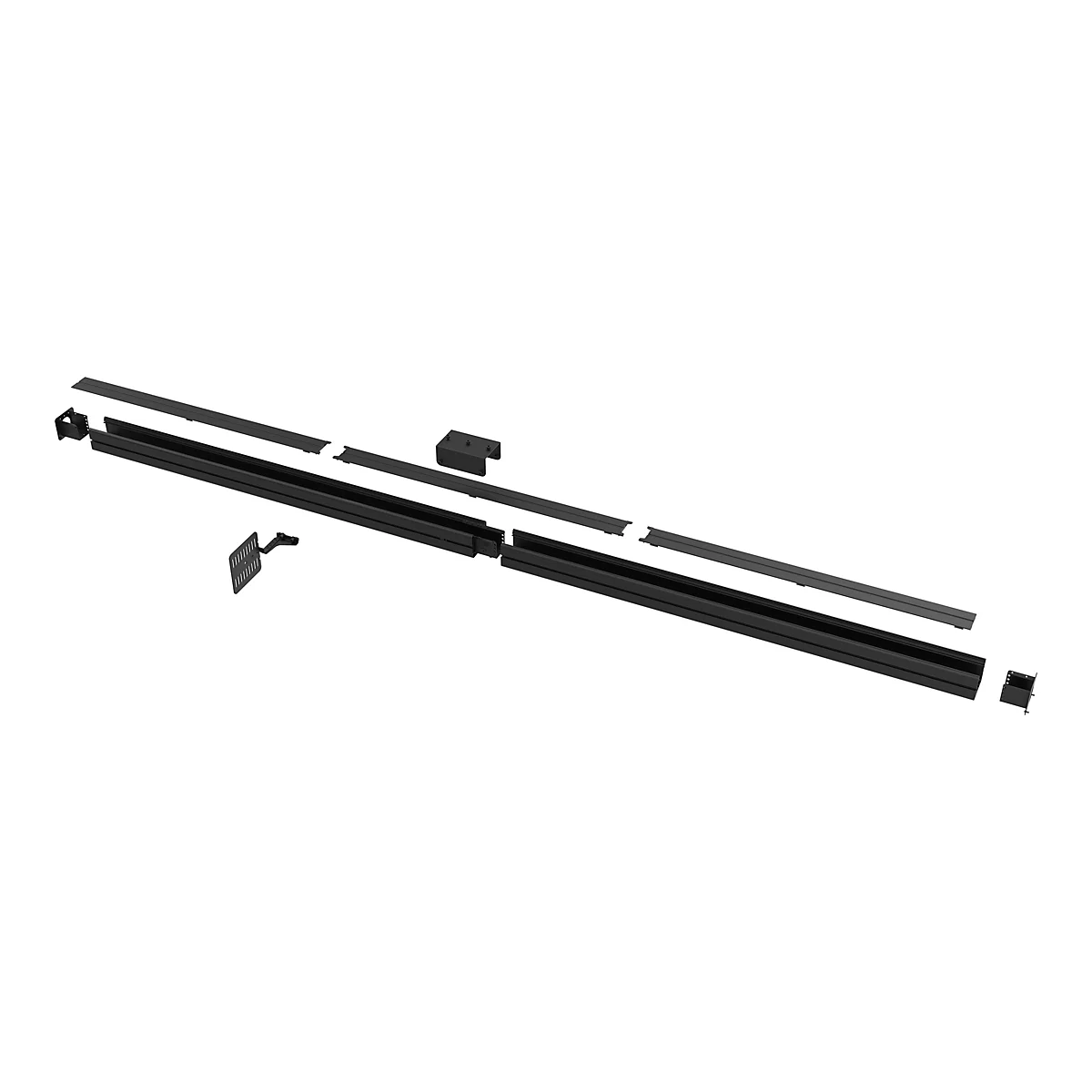 Schwarz lackierte Metallkomponenten, auseinander genommen. Das Set besteht aus mehreren Schienen, Verbindungsstücken und Halterungen.
