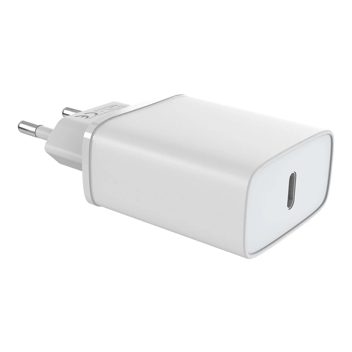 Weißes Ladegerät mit Eurostecker und USB-C-Anschluss. Das Ladegerät ist leicht schräg von oben aufgenommen.