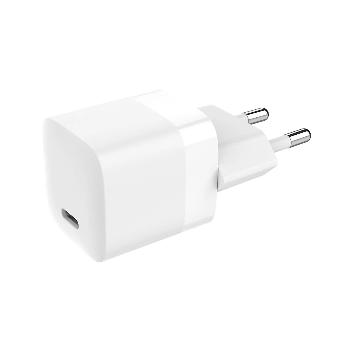 Weißes Ladegerät mit USB-C-Anschluss und zwei Steckern.