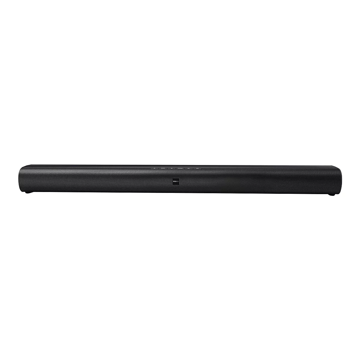 Schwarze Soundbar vor weiÃŸem Hintergrund. Sie ist horizontal ausgerichtet, hat eine rechteckige Form und ist mit Bedienelementen ausgestattet.