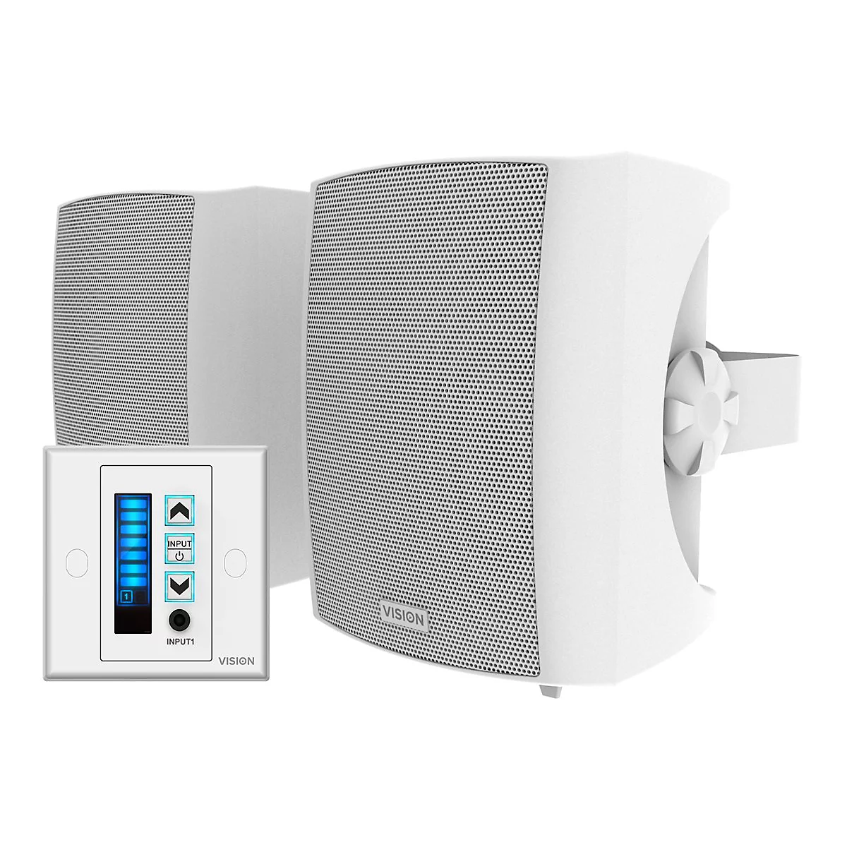 Zwei weiße Wandlautsprecher mit einem passenden Wand-Bedienpanel mit blau beleuchteter Anzeige und Input-Reglern.