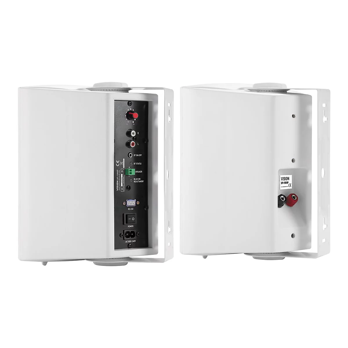 Zwei weiße Lautsprecher mit Bedienelementen, Anschlüssen und Halterungen. Text: VISION SP-1900P.