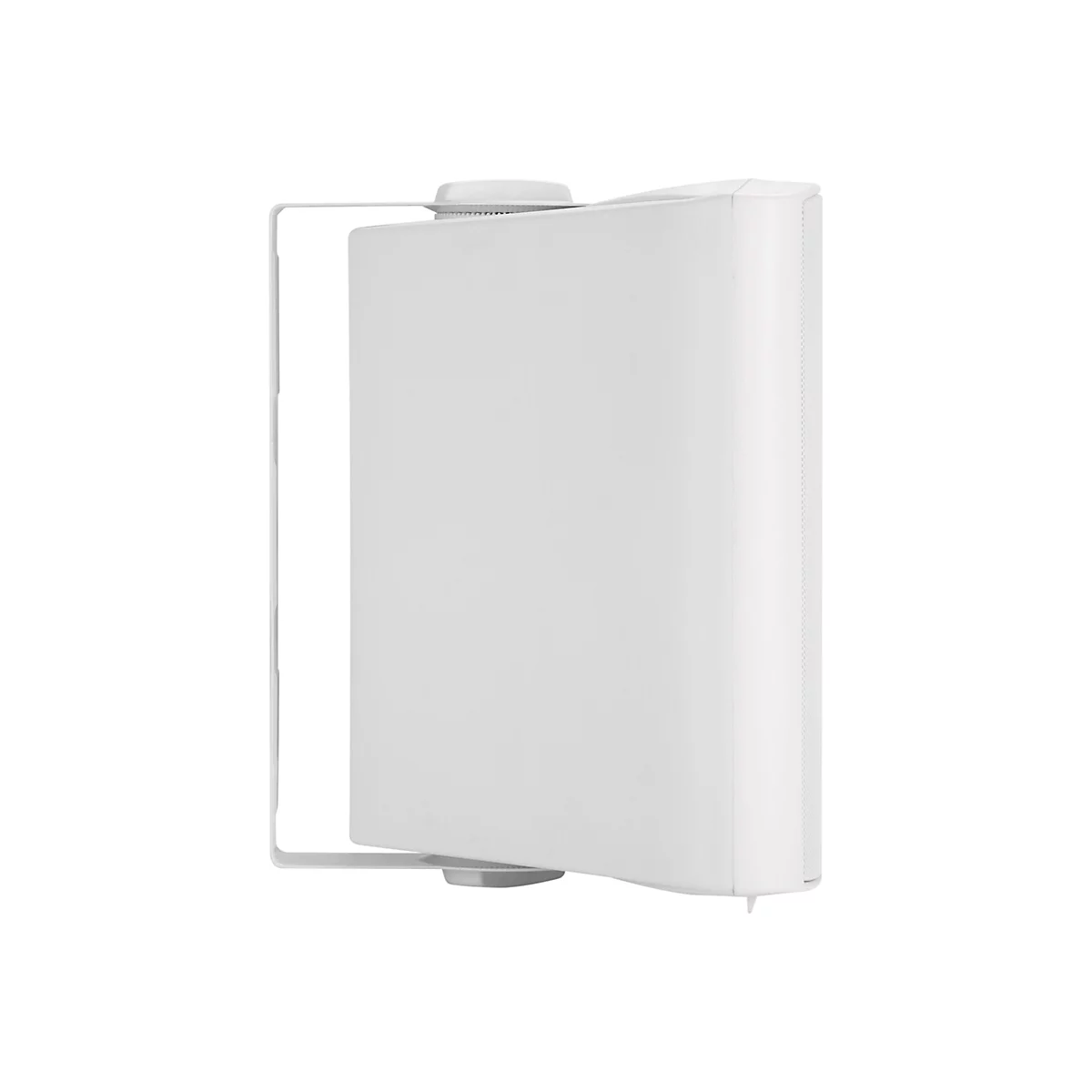 Weißer Lautsprecher mit Halterung, isoliert auf weißem Hintergrund. Der Lautsprecher ist rechteckig mit abgerundeten Ecken.