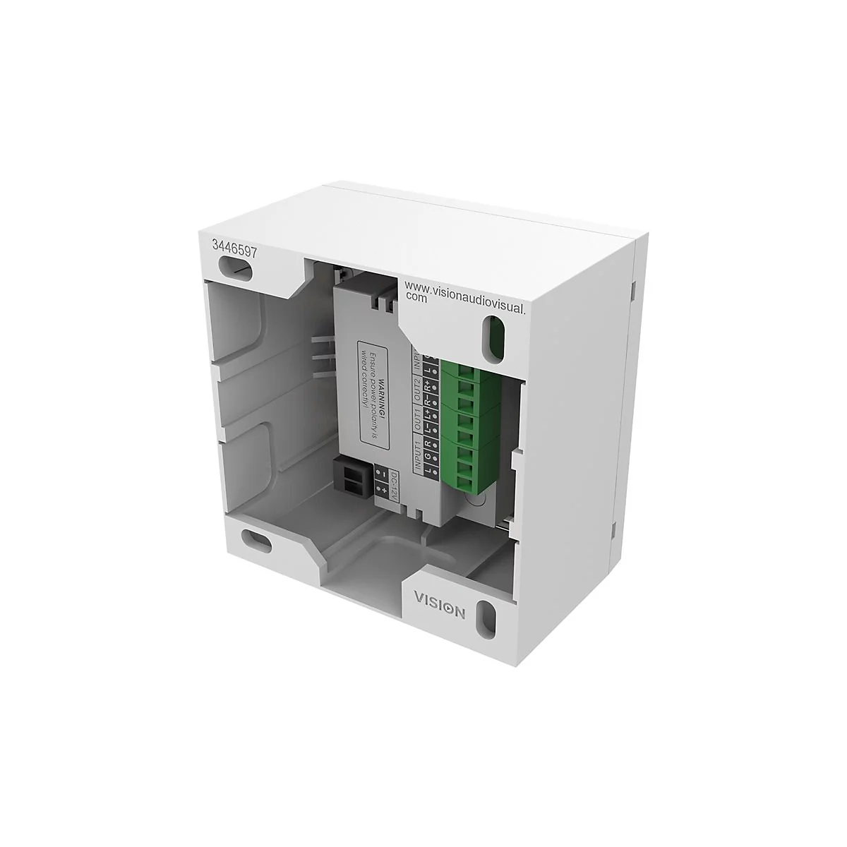 WeiÃŸes elektronisches GerÃ¤t mit grÃ¼nen AnschlÃ¼ssen, beschriftet mit Vision und www.visionaudiovisual.com.