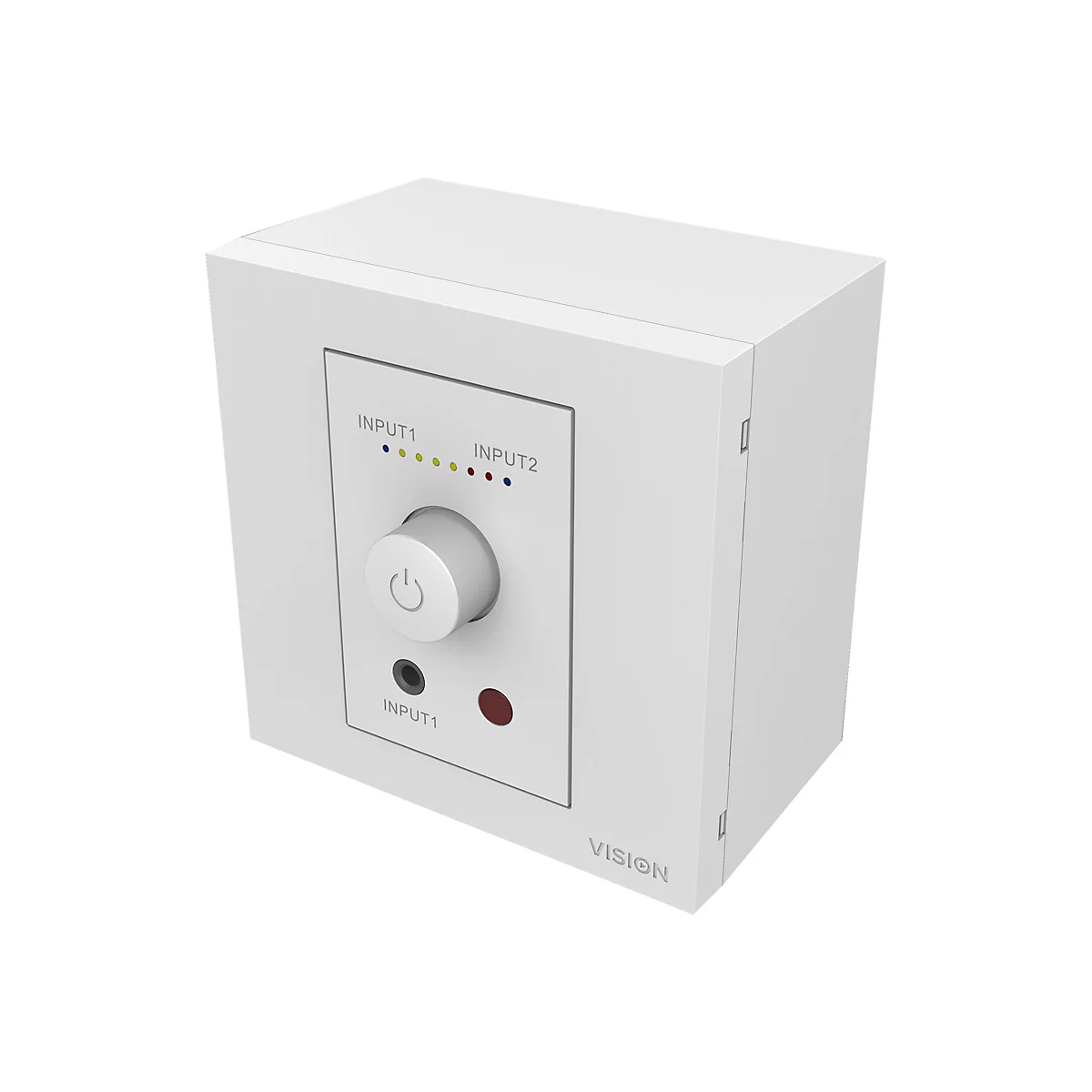 Weißes Wandbedienfeld mit Drehknopf, Power-Symbol, Anschlüssen und LED-Statusanzeige.