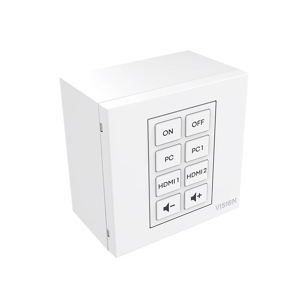 Ein weißes Bedienfeld mit mehreren Knöpfen, darunter "ON", "OFF", "PC", "PC1", "HDMI1", "HDMI2", Lautstärke und das Logo "VISION".