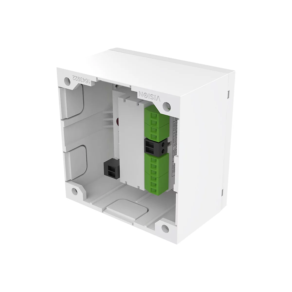 Weißes elektronisches Gerät mit grünen und schwarzen Anschlüssen. Aufschrift: VISION, 1643922. Die Anschlüsse sind beschriftet.