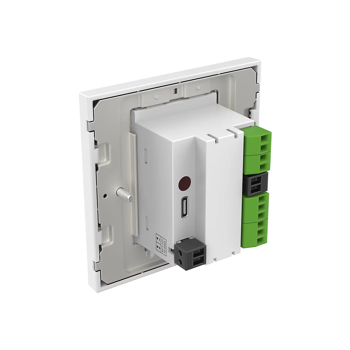 Nahaufnahme eines weißen Wandthermostats mit grünen und schwarzen Klemmen und einem USB-Anschluss.