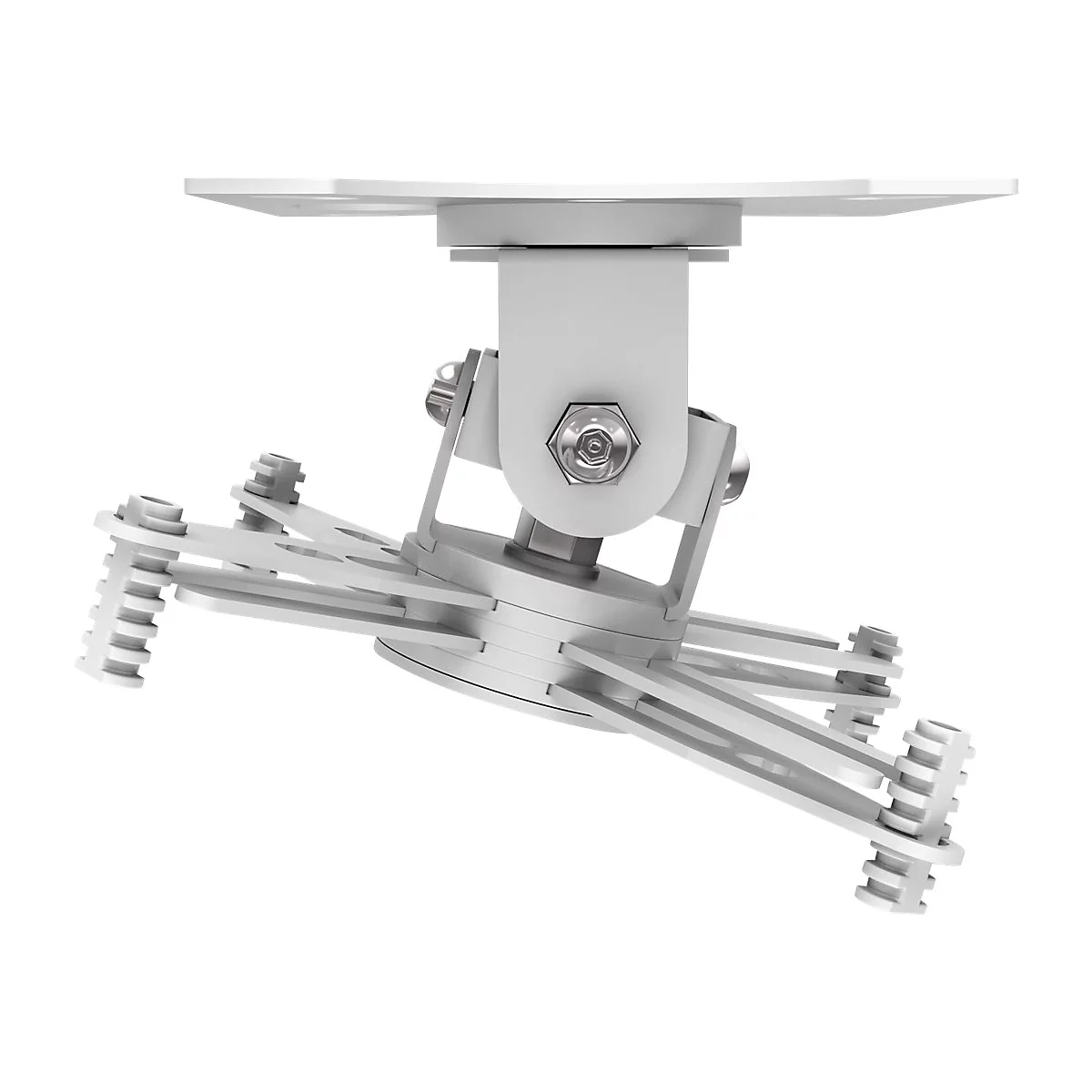 Nahaufnahme einer weißen Deckenhalterung. Mehrere Arme greifen nach außen. Eine Platte ist oben zu sehen.