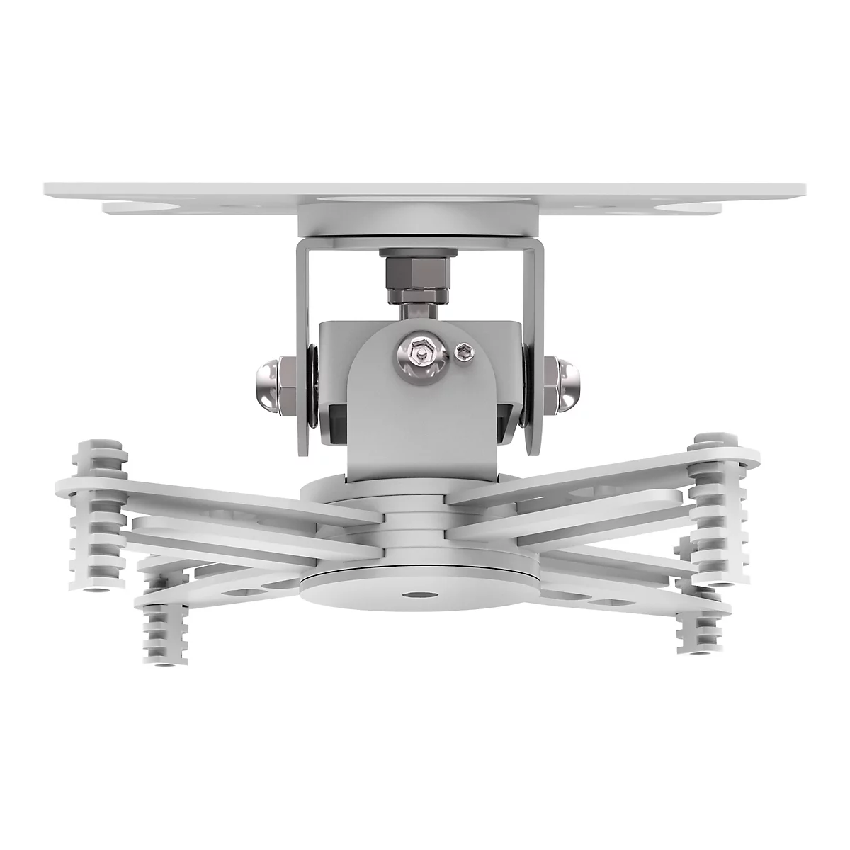 Detailaufnahme einer Deckenhalterung. Silberfarbene Konstruktion, die aus mehreren Metallplatten und Schrauben besteht.