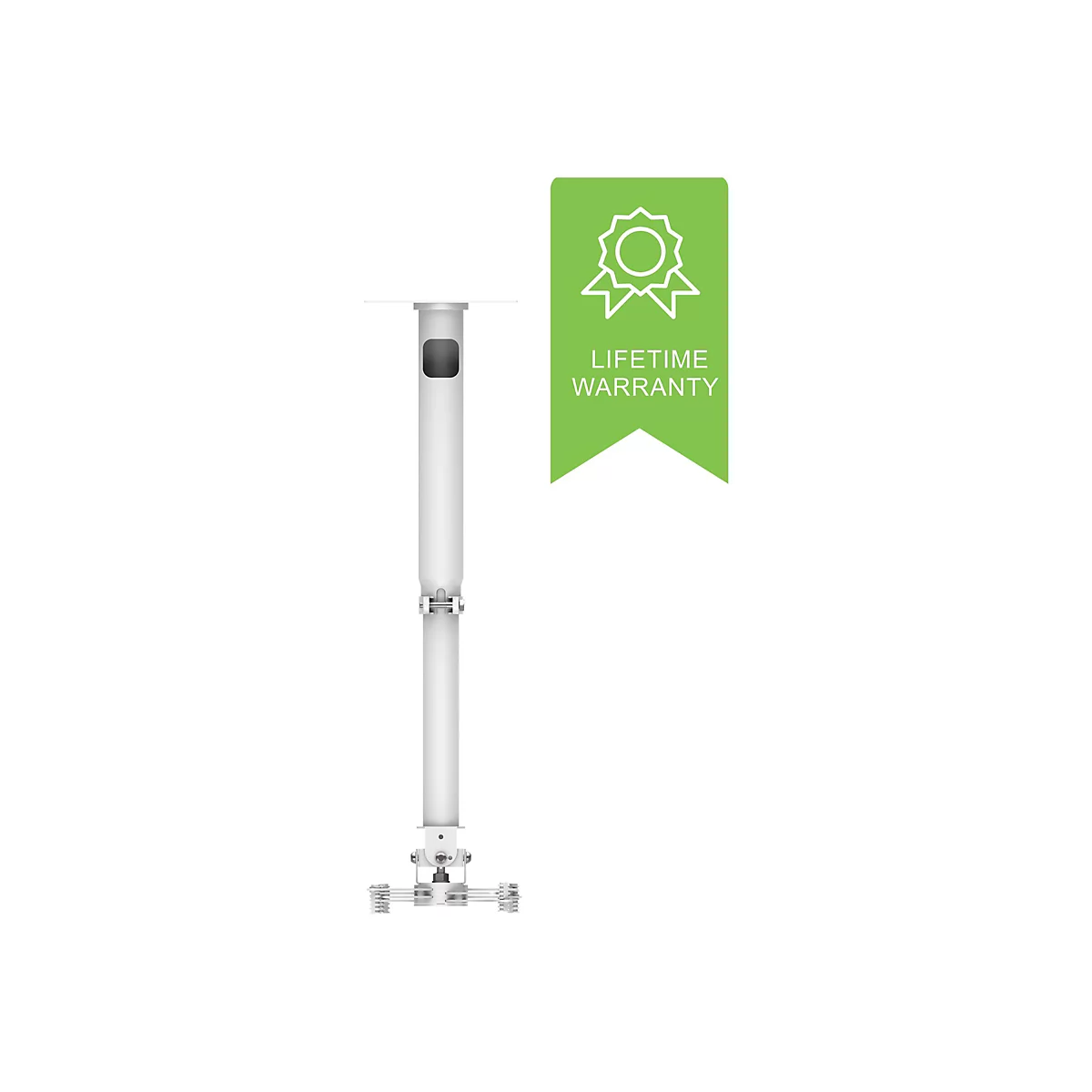 Weißer Deckenprojektor mit grünem "Lifetime Warranty" Banner.