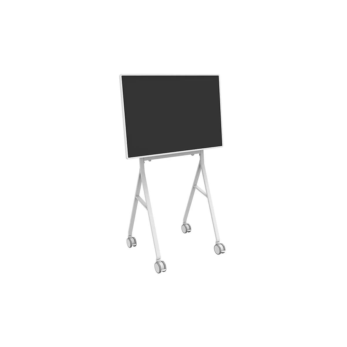 WeiÃŸes, mobiles Flipchart mit schwarzer OberflÃ¤che. Auf Rollen, vor neutralem Hintergrund.