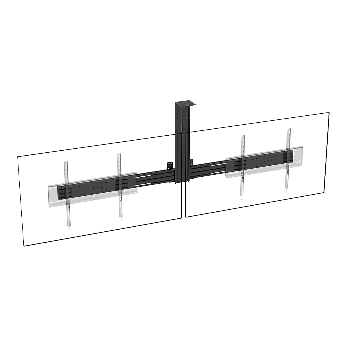 Schwarz lackierte Deckenhalterung für zwei Bildschirme, freigestellt vor weißem Hintergrund.