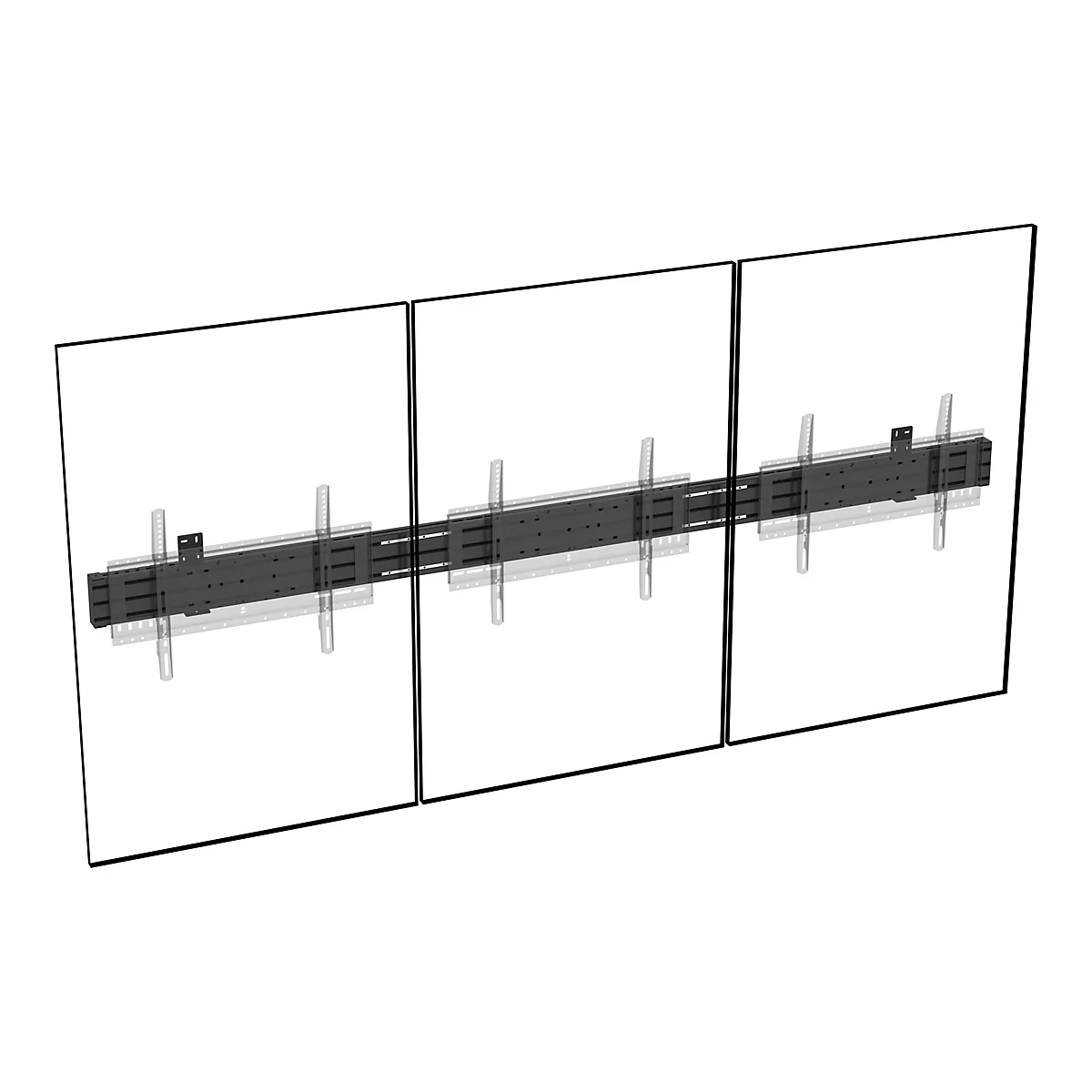 Schwarze TV-Halterung für drei Monitore auf weißem Hintergrund. Die Halterung ist horizontal ausgerichtet und an der Rückseite dreier horizontal geteilter Tafeln angebracht.