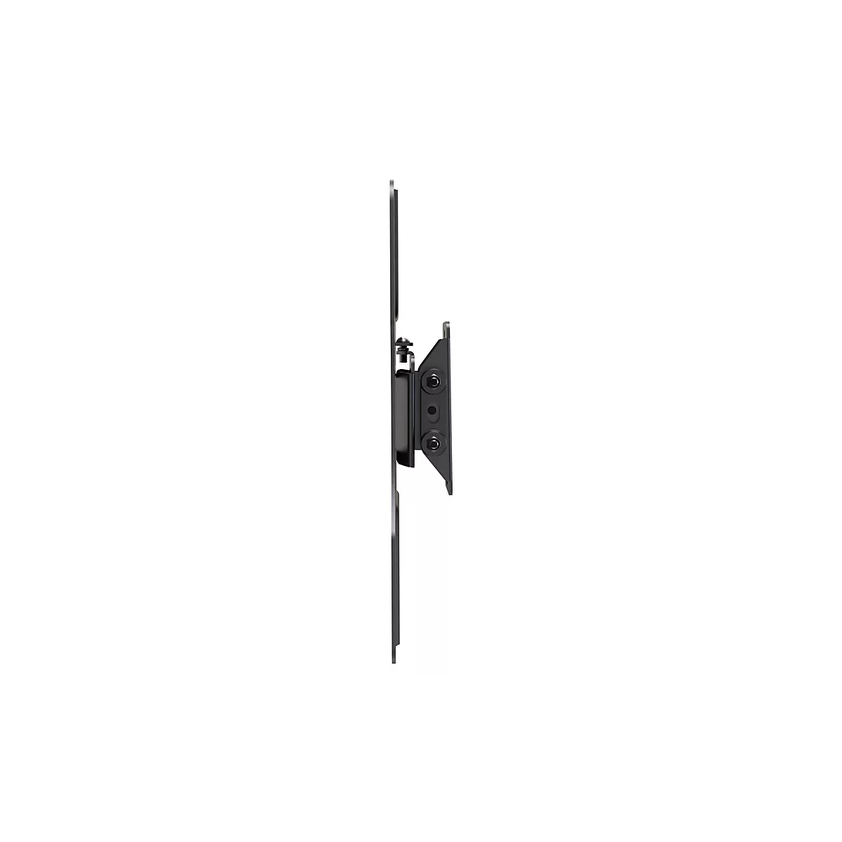 Eine schwarze TV-Wandhalterung, die im Profil vor weiÃŸem Hintergrund gezeigt wird.