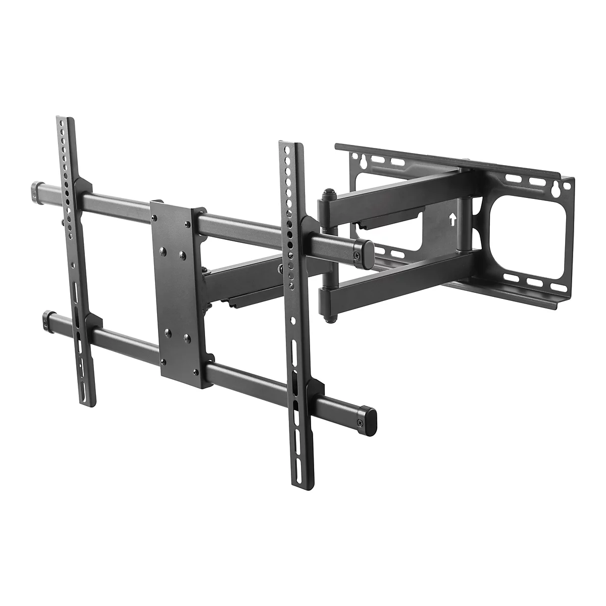 Schwarze TV-Wandhalterung, drehbar. Sie besteht aus mehreren Metallstangen, die aneinander befestigt sind. Der Hintergrund ist weiß.