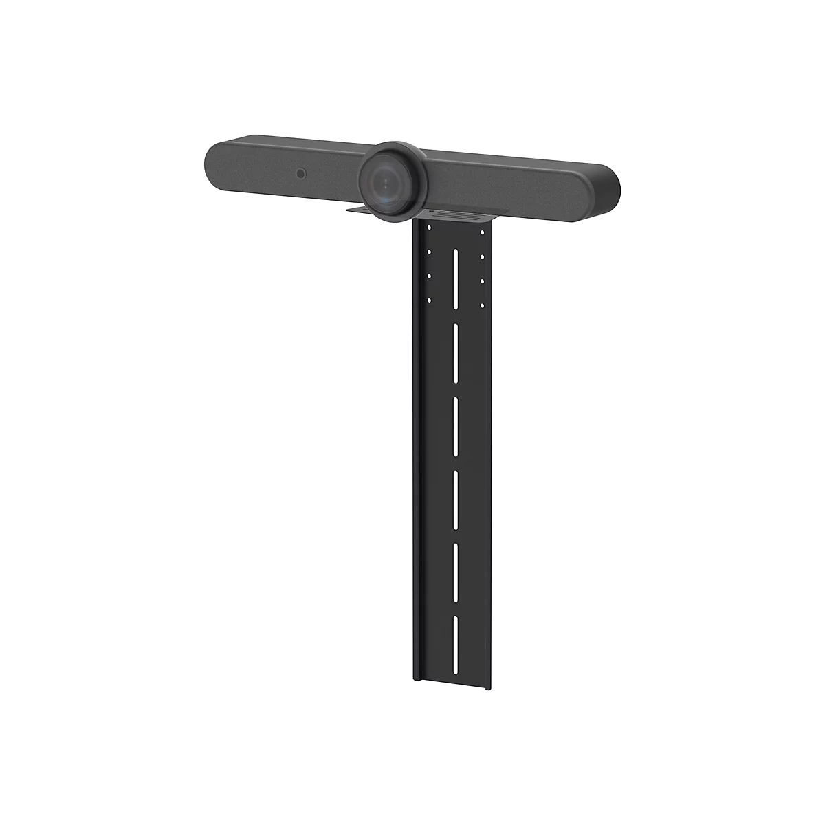 Eine schwarze Videokonferenz-Soundbar mit Kamera, montiert an einer schwarzen Halterung. Hintergrund ist weiß.