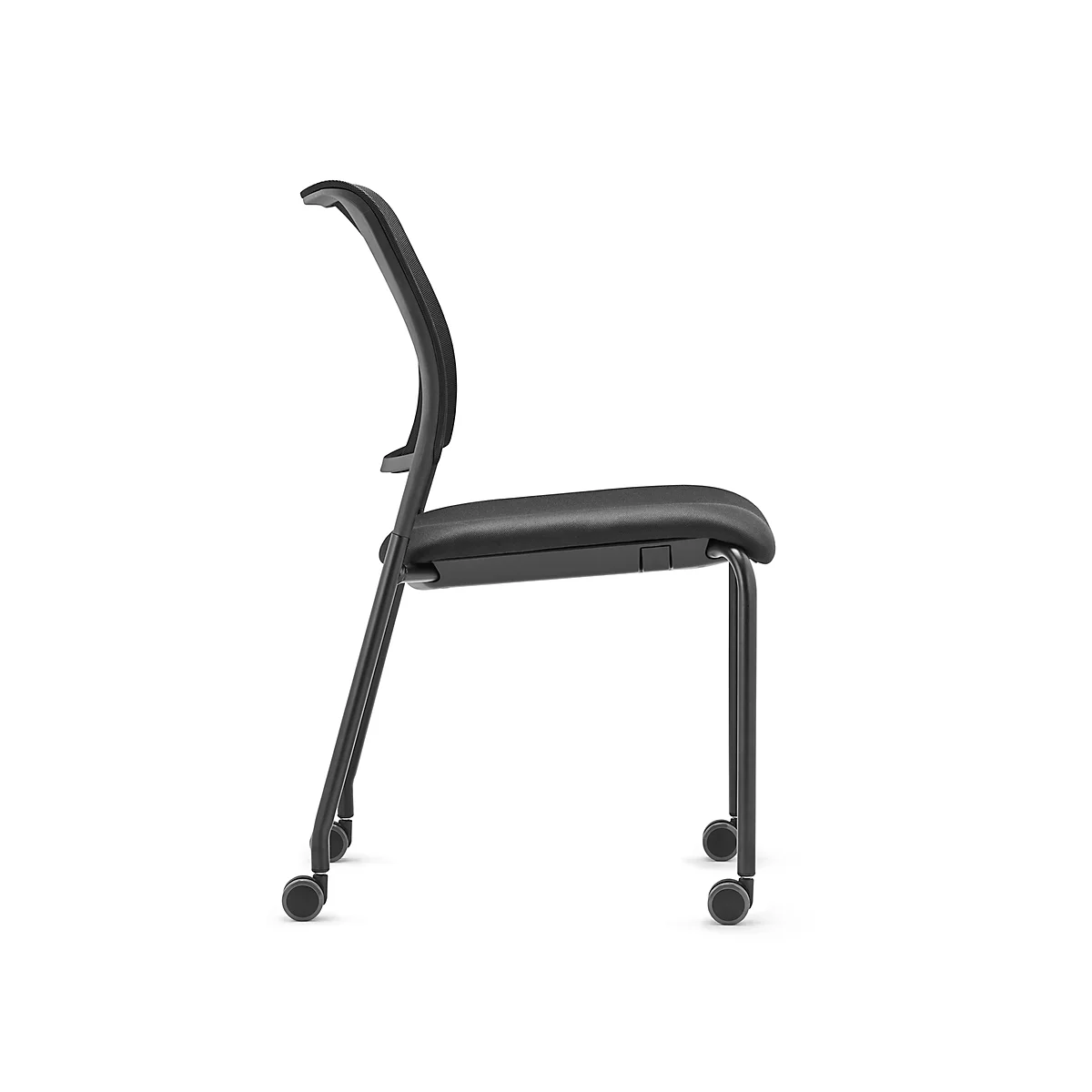 Black office chair with castors, side view.