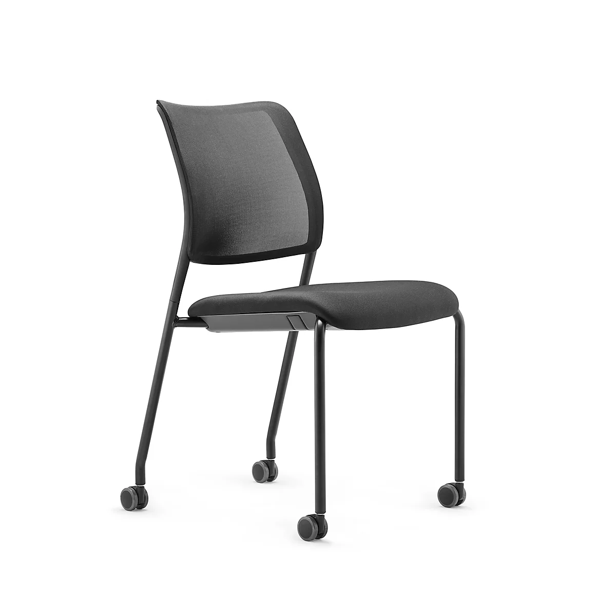 Black office chair with wheels. The chair has a mesh back, a padded seat and a metal frame.