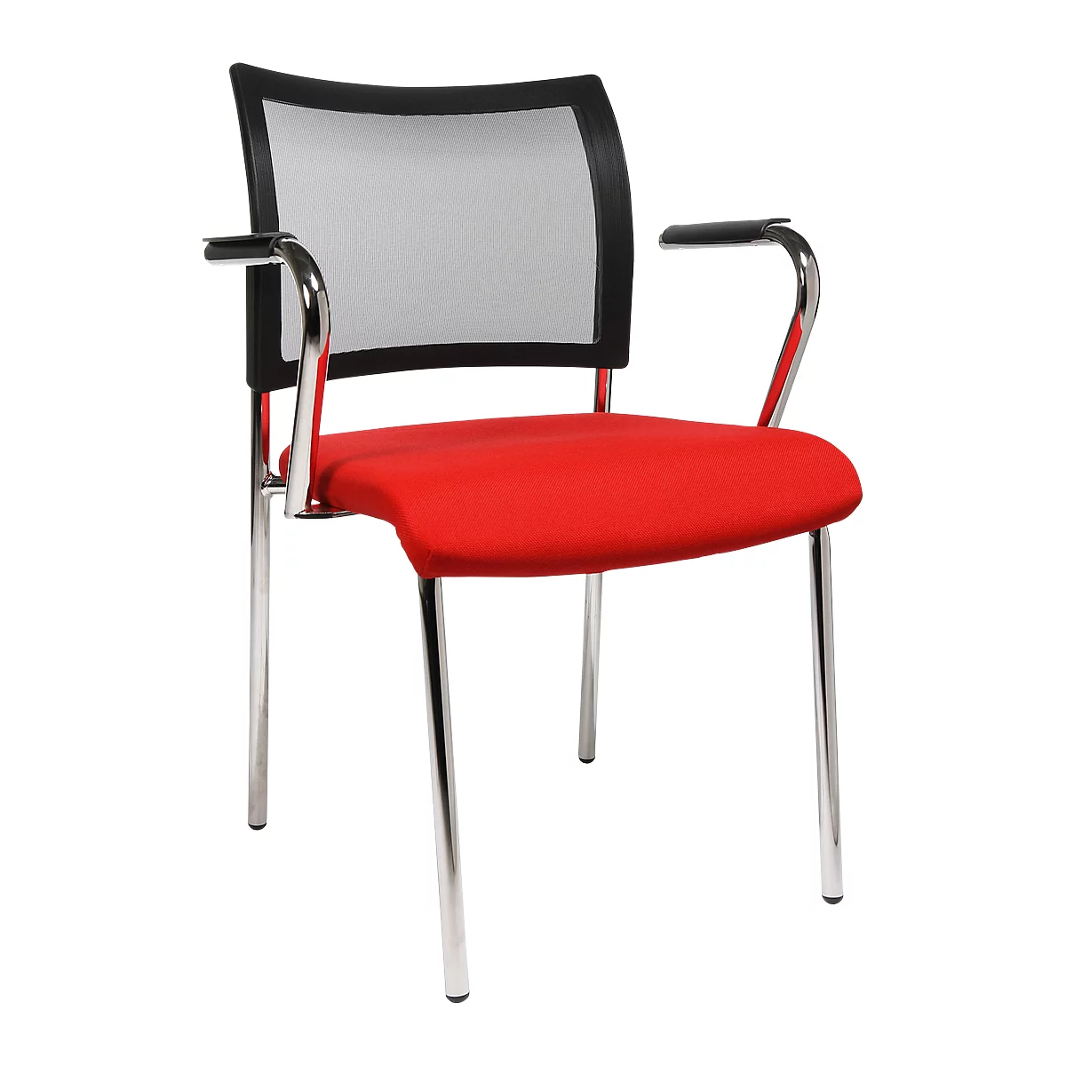 Office chair with red seat, chrome frame, and black mesh backrest with armrests.