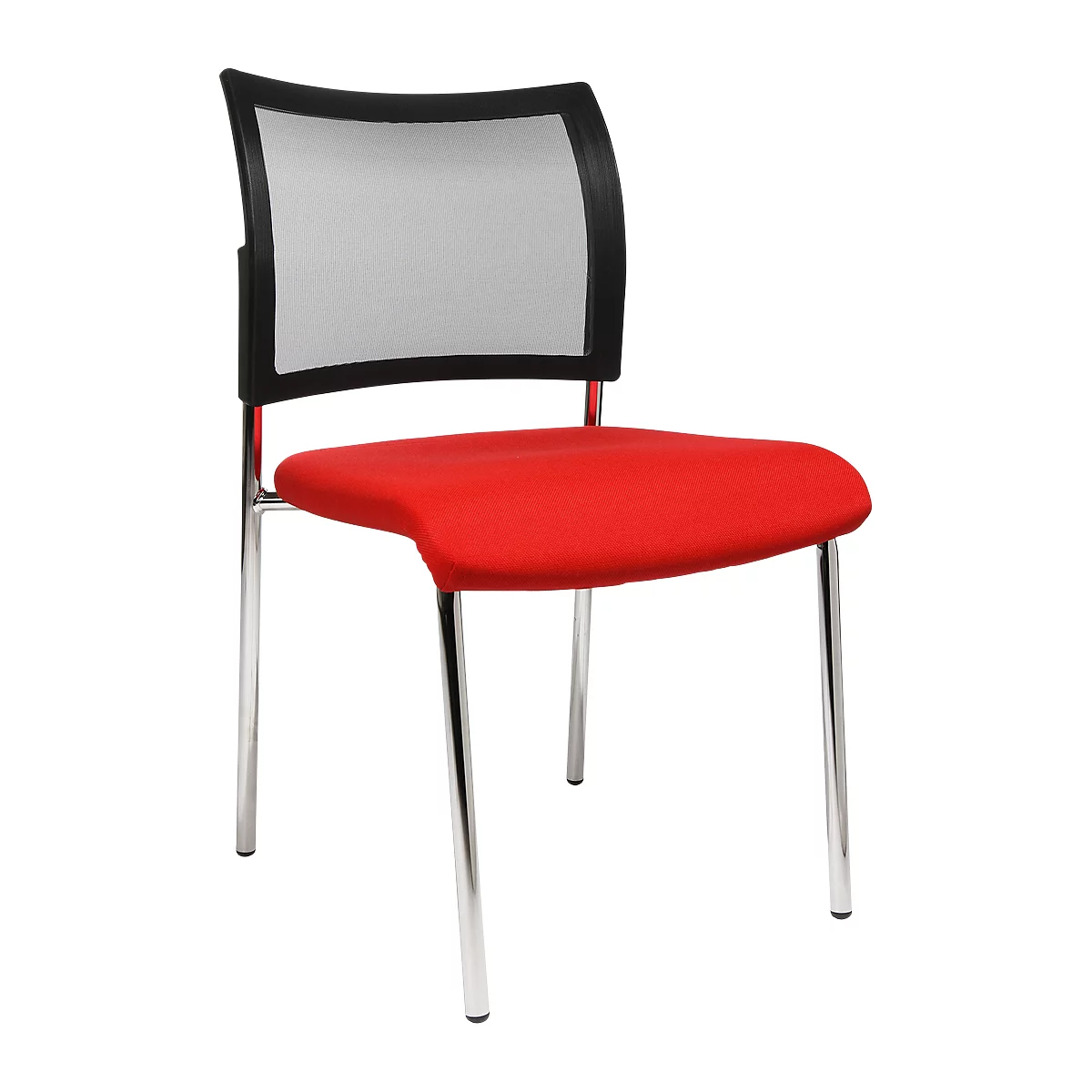 Red chair with black frame and mesh back on chrome frame.