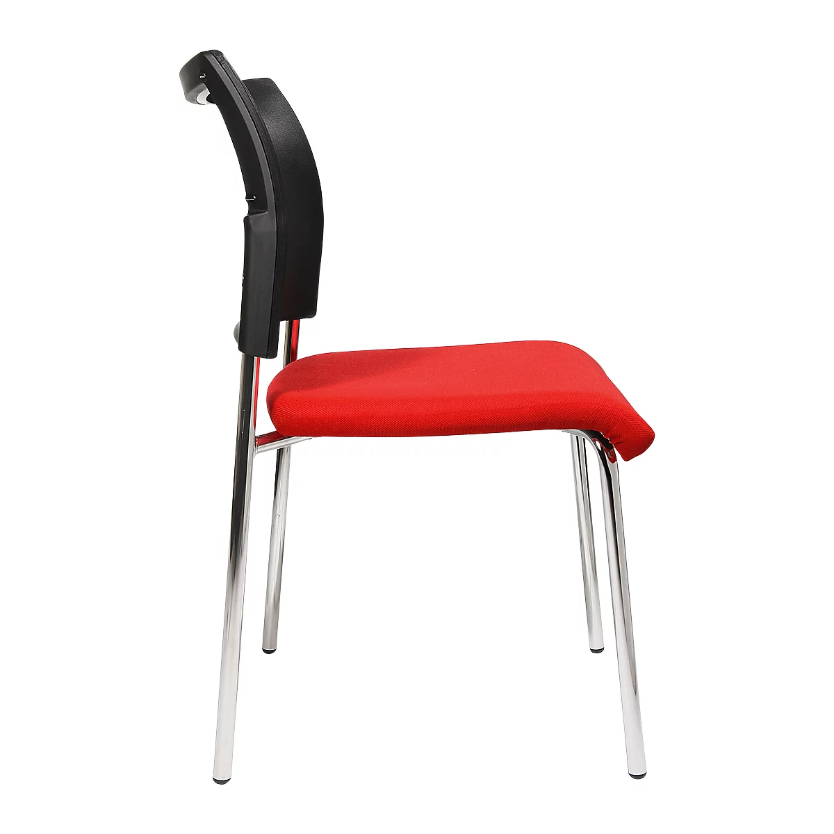 Red chair with black back and silver legs, side view.