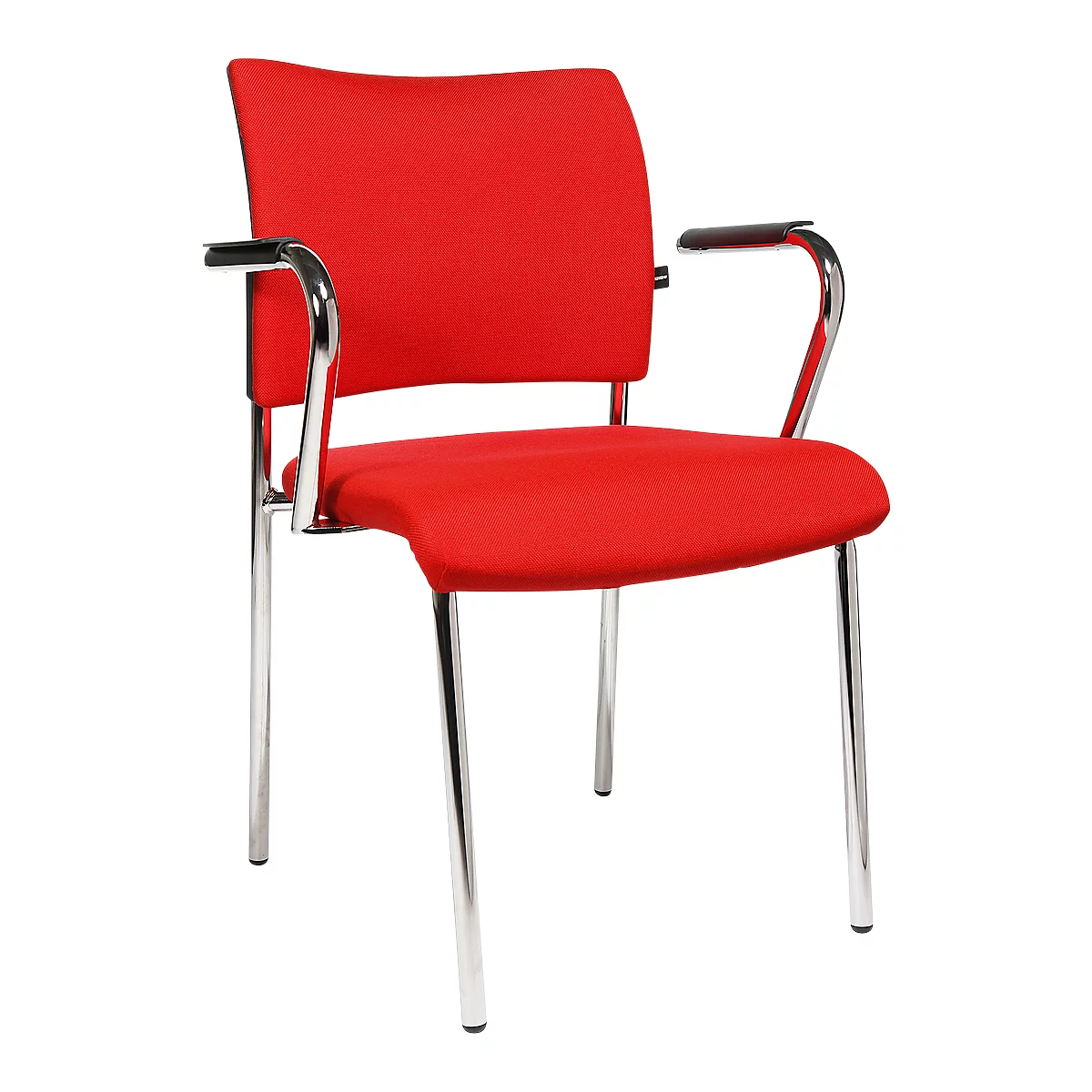 Red office chair with armrests, chrome legs, and black finish.