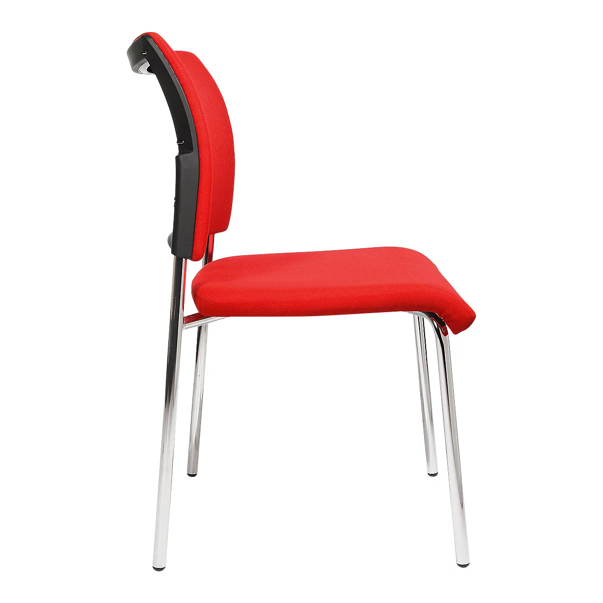 Red chair with chrome frame. Backrest and seat are upholstered. The backrest has a black plastic trim.
