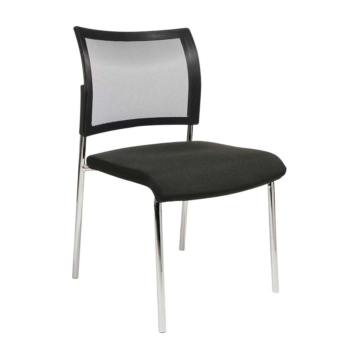 Black chair with mesh back, black seat, and chrome legs. Chair stands isolated against a white background.