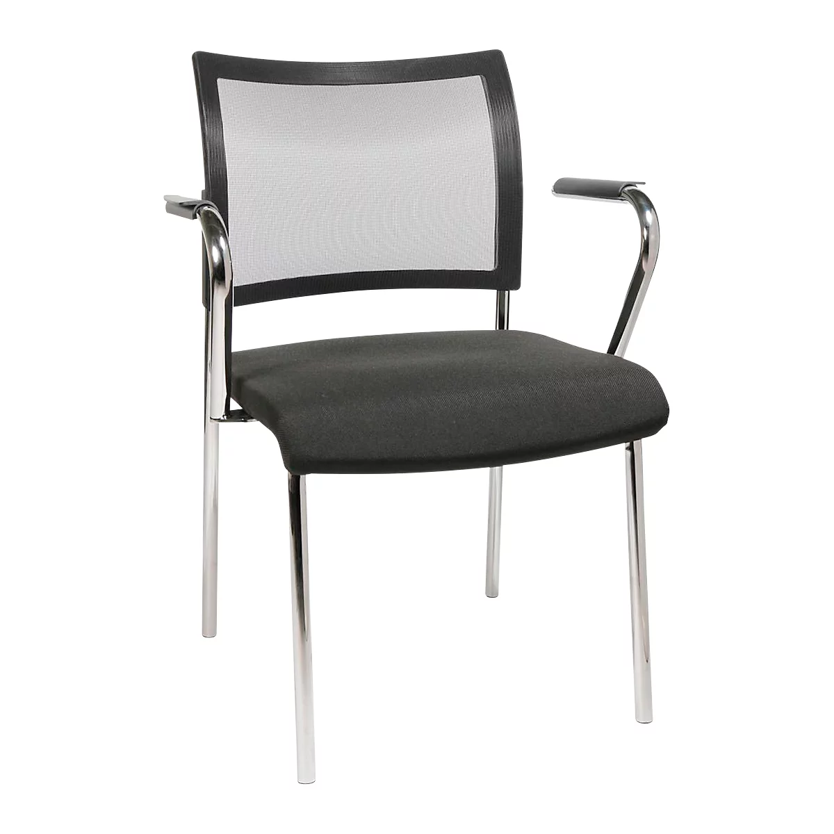 Black office chair with mesh back and silver legs. Armrests are present.
