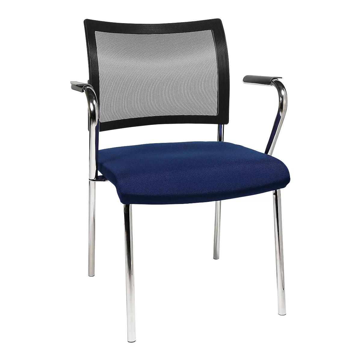 Office chair with blue seat, black mesh back, and silver legs.