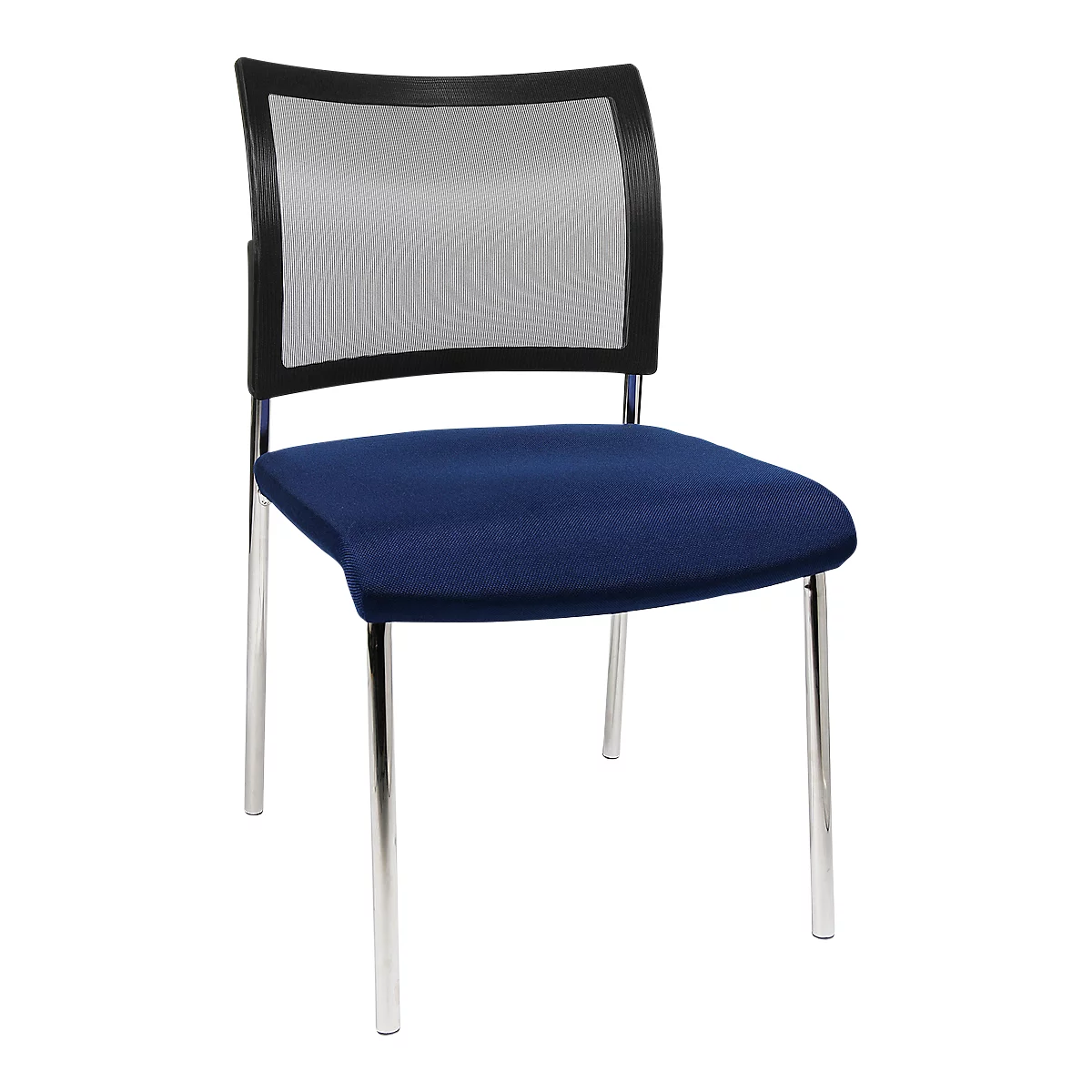 Chair with blue seat and mesh back on metal legs.