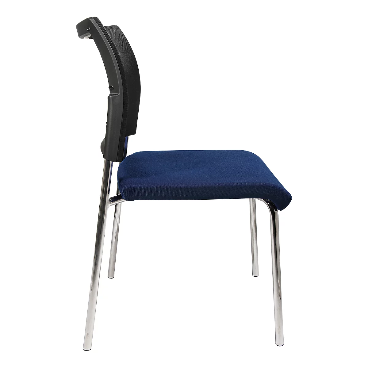 Side view of a chair with a blue seat and backrest. The legs are silver.