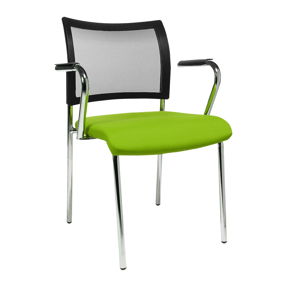 Green office chair with armrests and mesh back, silver legs.