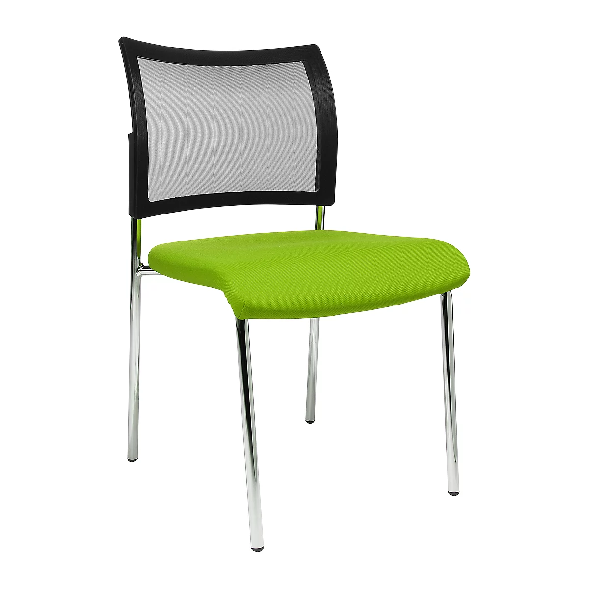 A green chair with a black mesh back and chrome legs. The design is modern and simple.