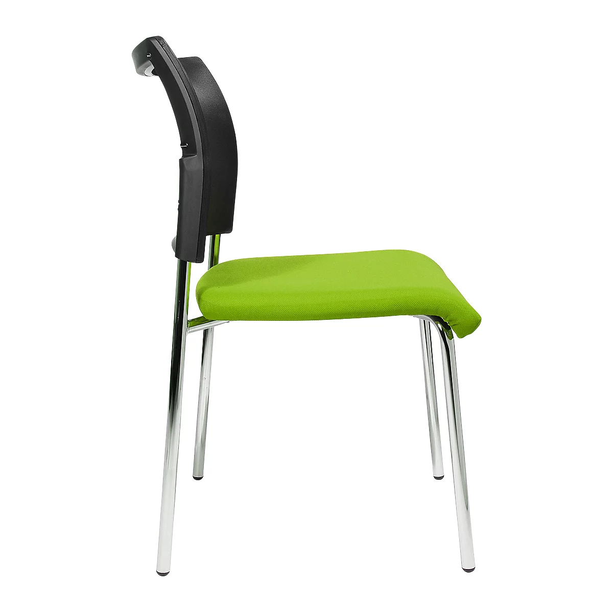 A green chair with a black back and silver legs, side view.